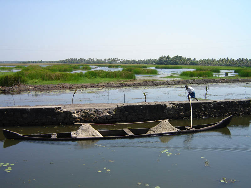 India, Kerala - trasporto sabbia in laguna.